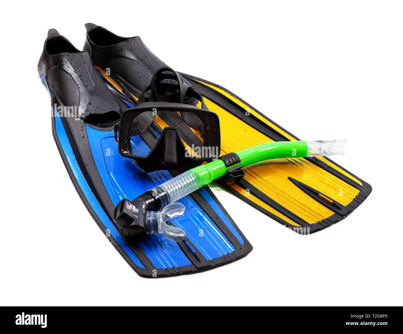 Mask, snorkel and flippers of different colors. Isolated on white