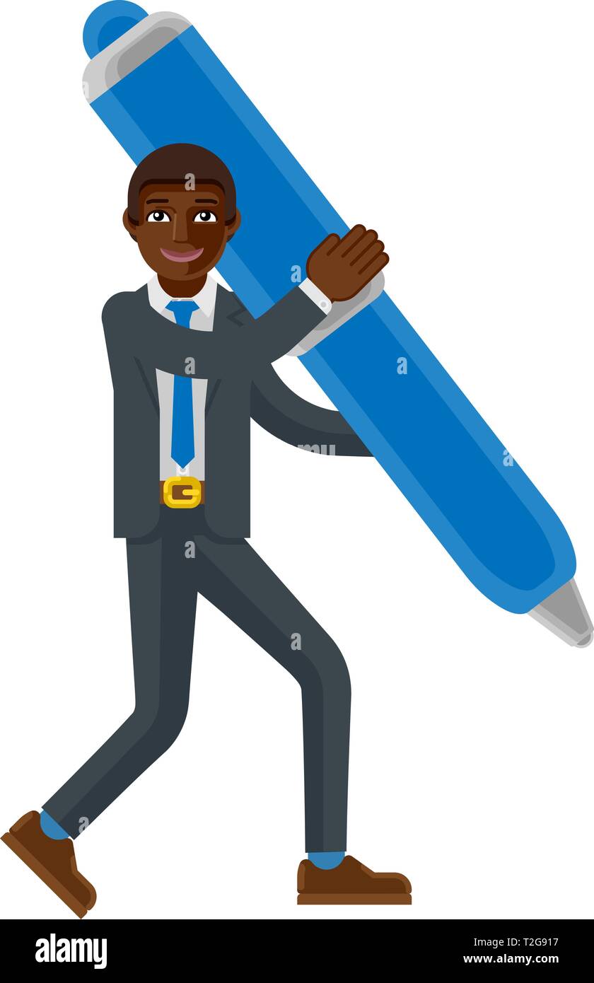 Black Business Man Holding Pen Mascot Concept Stock Vector