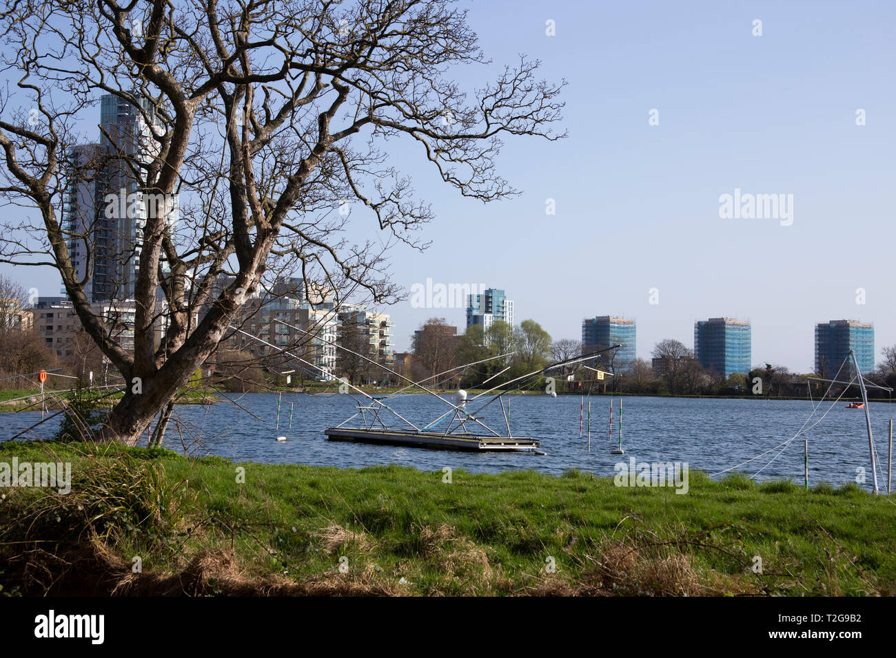 obstacles for canoeists on Stoke Newington West Reservoir Stock Photo