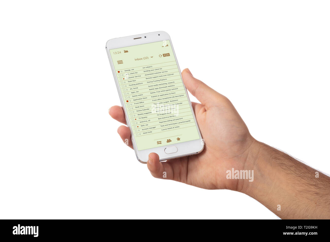 Email on mobile phone. Man hand holding a smartphone, email list on the screen, isolated against white color background Stock Photo