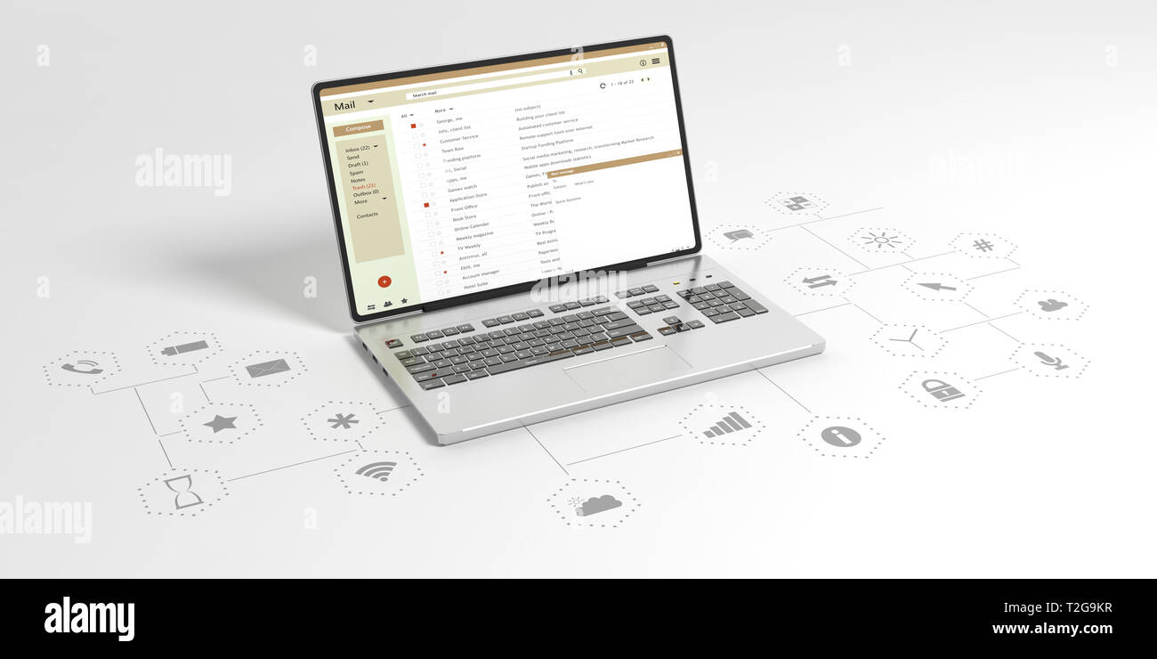 Email list and apps. Emails on a computer laptop screen, white background with app icons. 3d illustration Stock Photo