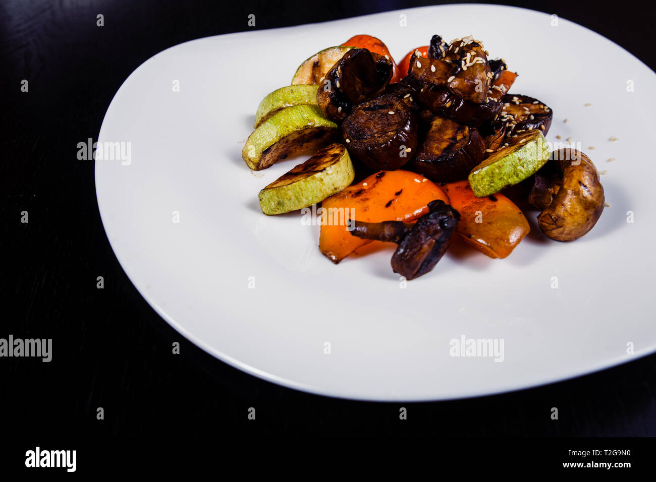 Grilled vegetables in a cast iron grilling pan, view from above Stock