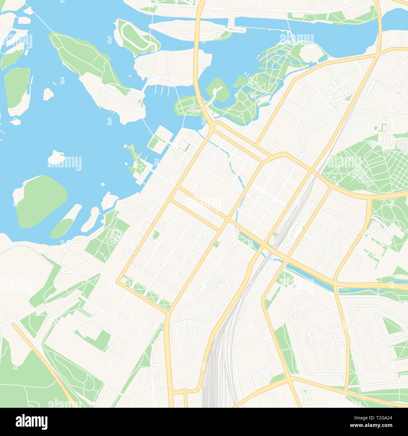 Printable map of Oulu, Finland with main and secondary roads and larger railways. This map is carefully designed for routing and placing individual da Stock Vector