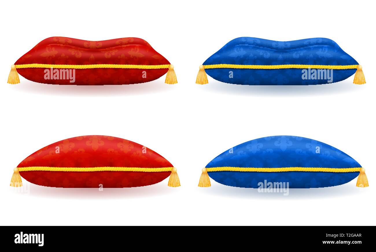 red blue satin pillow with gold rope and tassels vector illustration