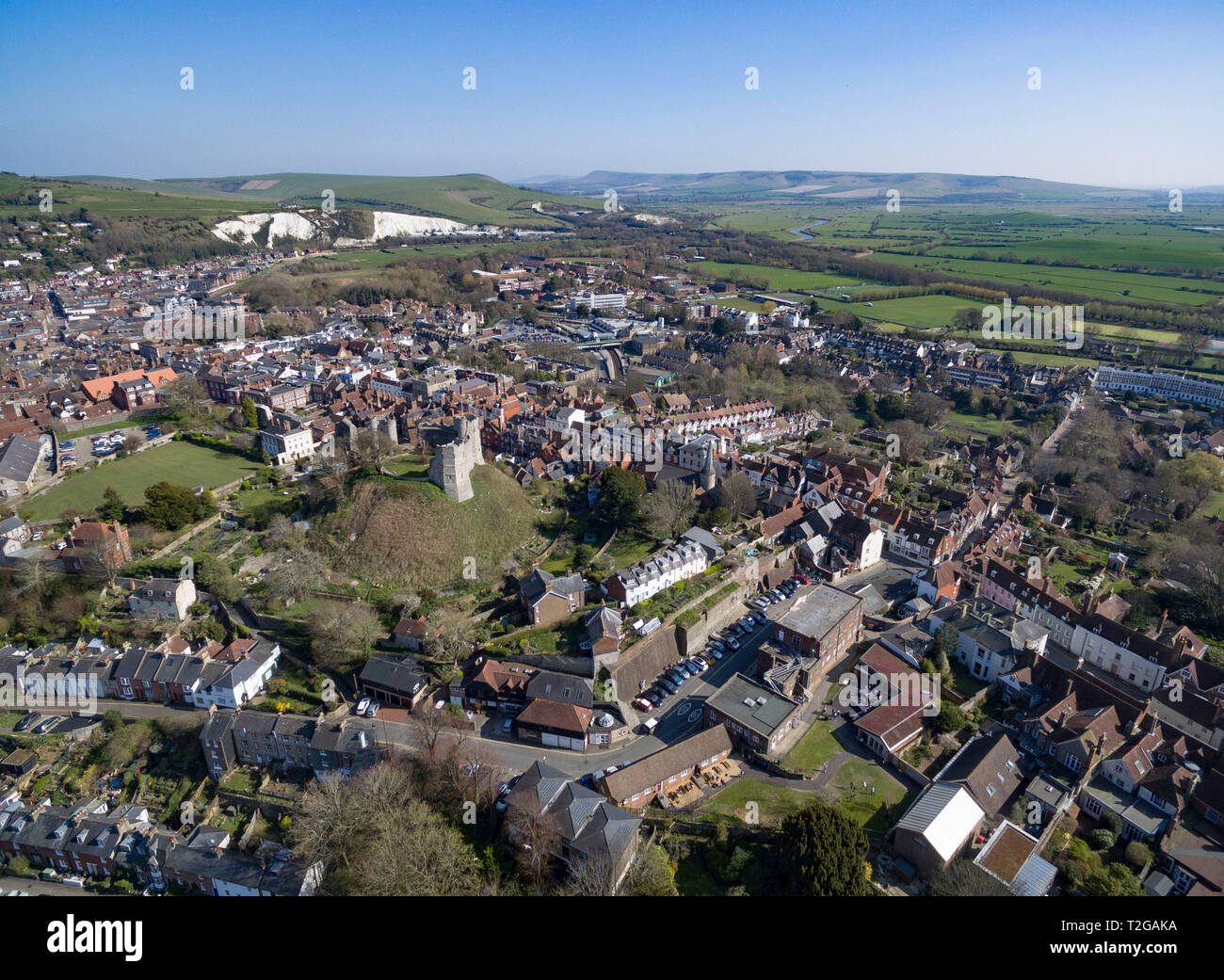 Aerial views of Lewes Castle and Lewes town, East Sussex, UK Stock Photo