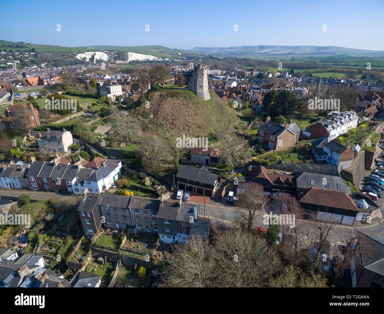 Aerial views of Lewes Castle and Lewes town, East Sussex, UK Stock Photo