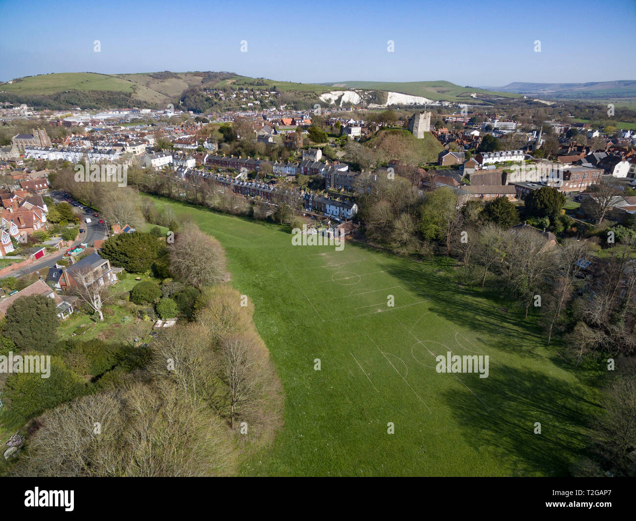 Aerial views of Lewes Castle and Lewes town, East Sussex, UK Stock Photo