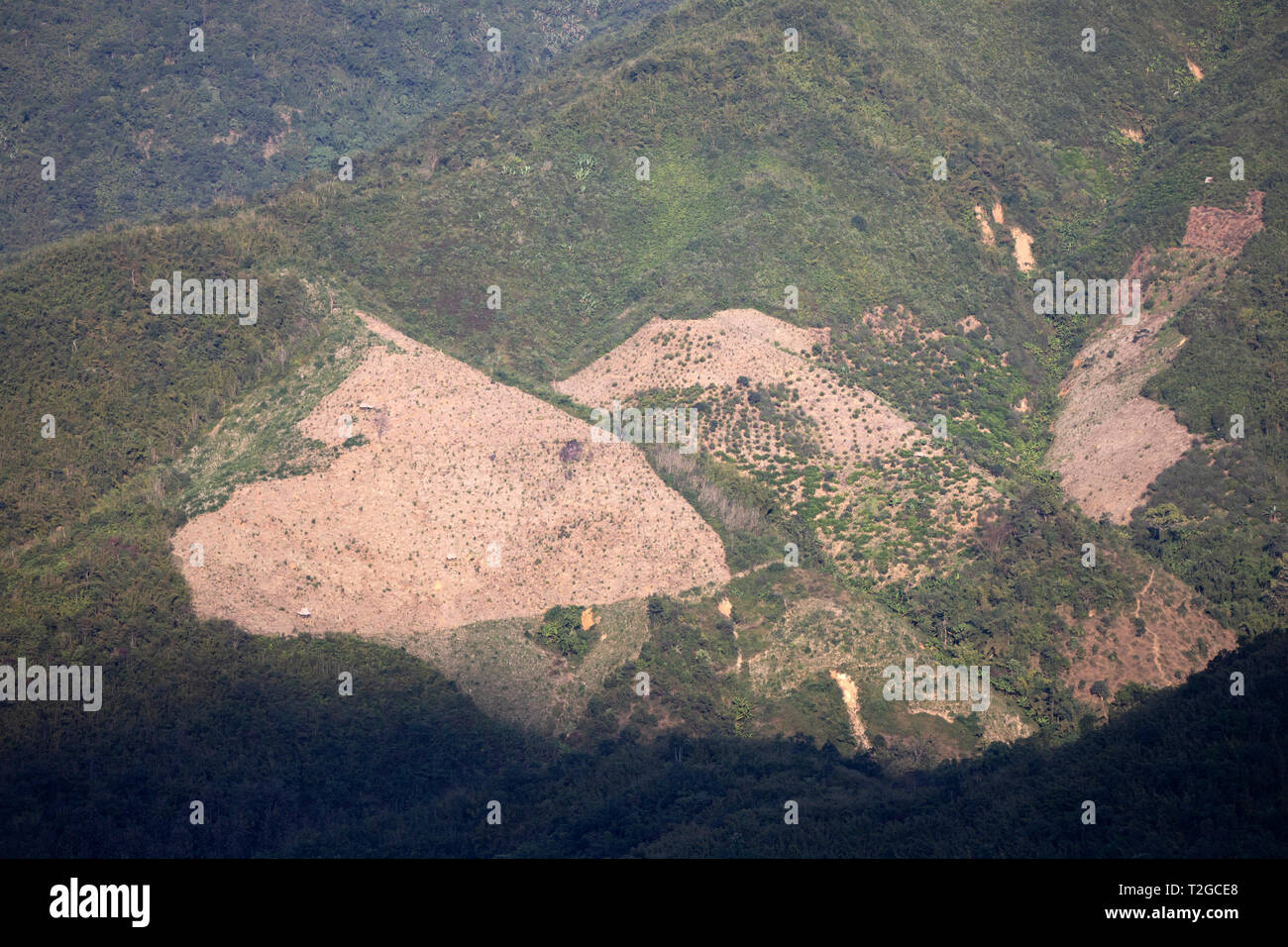 Deforestation in the hills around town of Nong Khiaw, Muang Ngoi District, Luang Prabang Province, Northern Laos, Laos, Southeast Asia Stock Photo