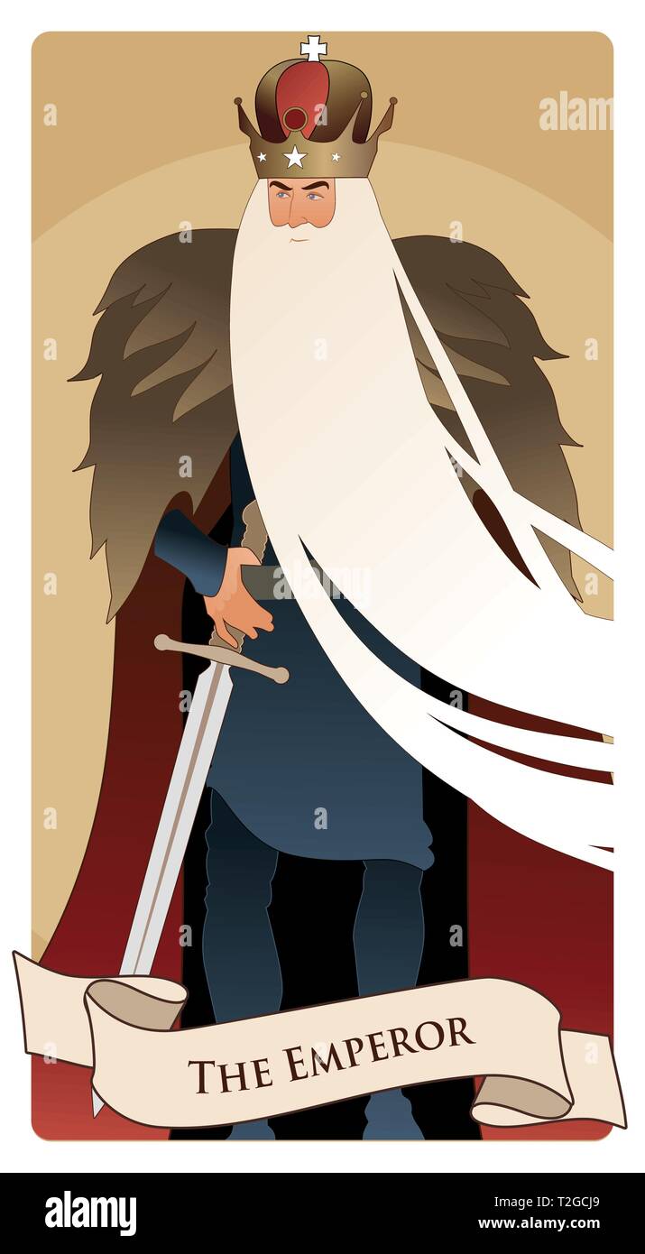 Major Arcana Tarot Cards. The Emperor. Man with crown and long white beard, fur cape and sword at the waist Stock Vector