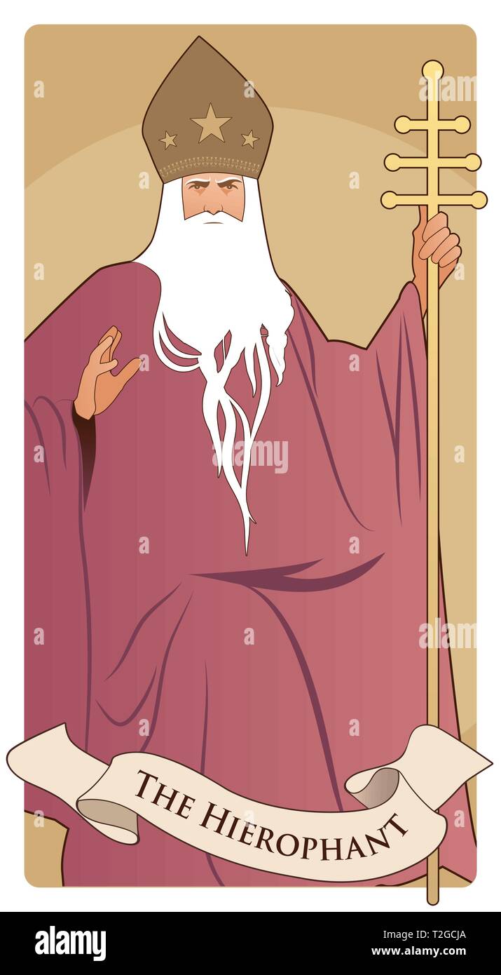 Major Arcana Tarot Cards. The Hierophant. Pope with white beard and miter with stars, holding a golden crosier, blessing with his right hand. Stock Vector