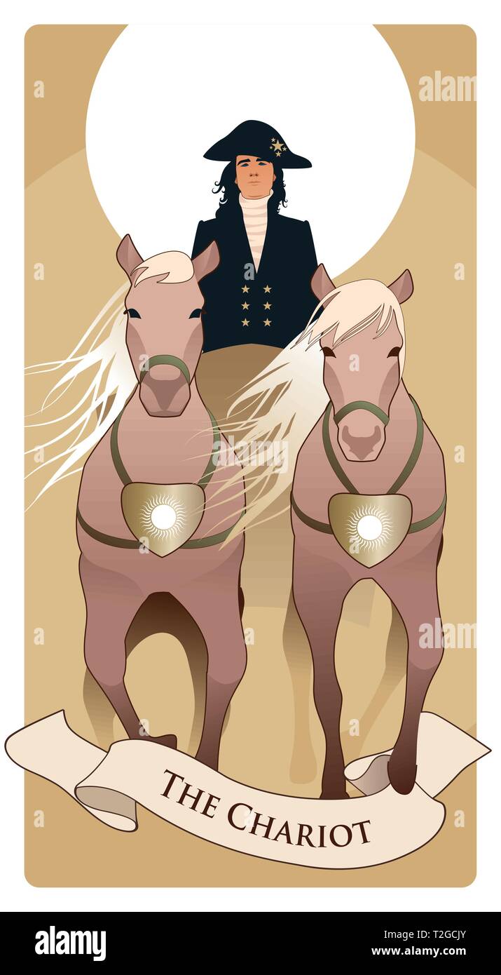 Major Arcana Tarot Cards. The Chariot. Sun Chariot pulled by two horses and driven by an elegant coachman in livery and hat. Stock Vector