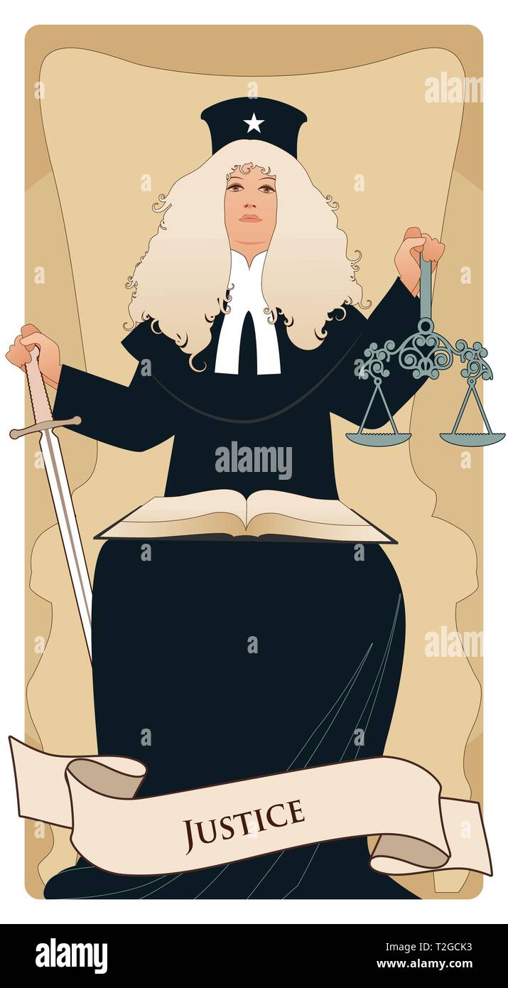 Major Arcana Tarot Cards. Justice. Woman dressed in a wig and judge's clothes, holding a sword in one hand and a scale in another, with an open book o Stock Vector