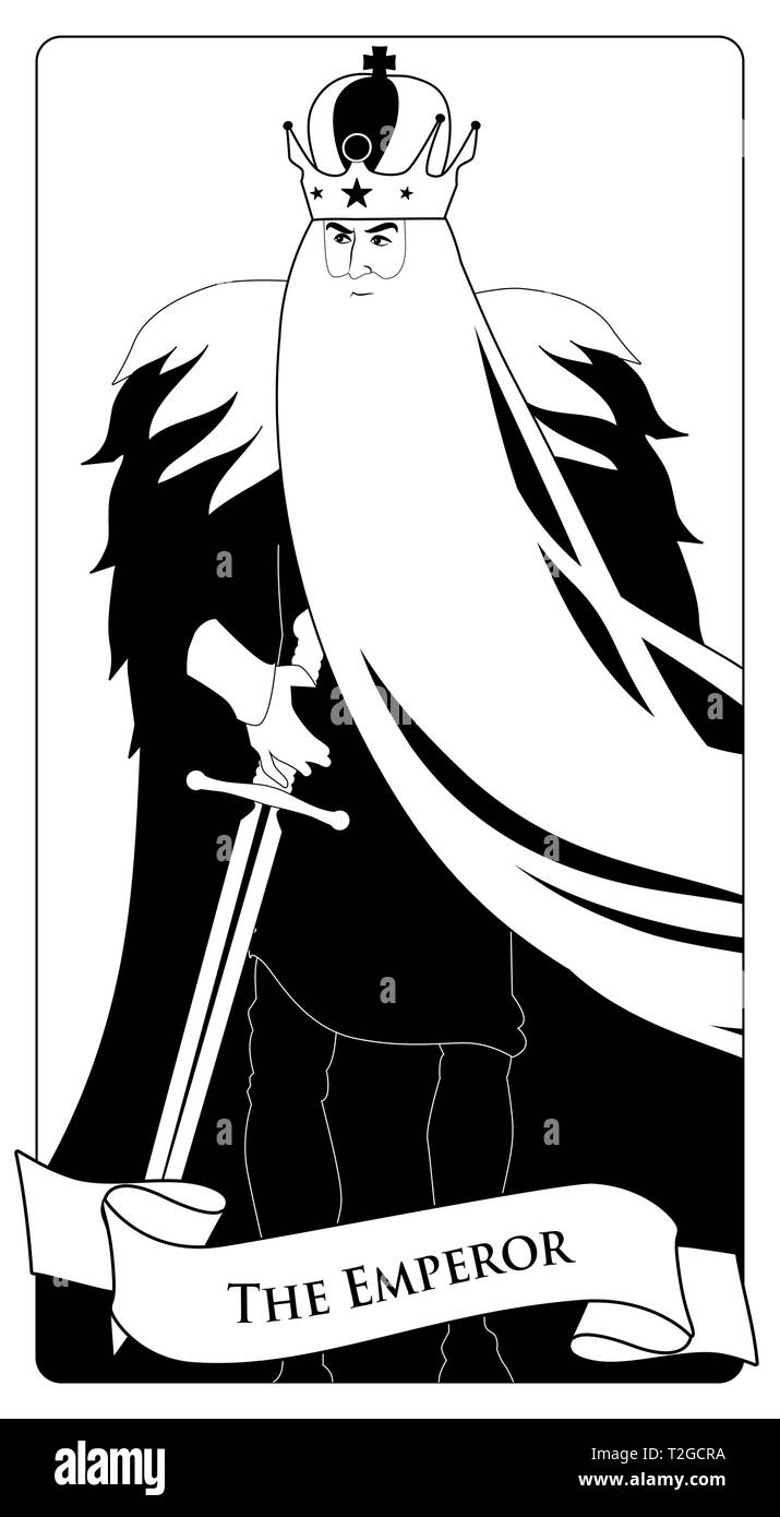 Major Arcana Tarot Cards. The Emperor. Man with crown and long white beard, fur cape and sword at the waist Stock Vector