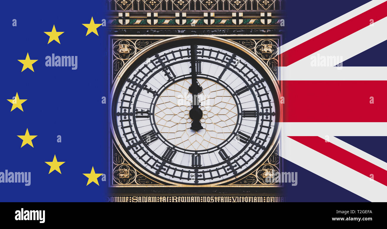 High noon, decision time EU, UK Brexit. Flags and BIg Ben clock, symbols. Stock Photo