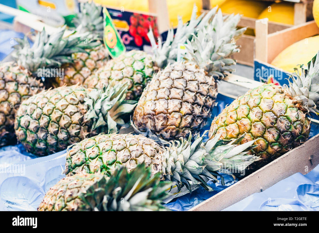 pineapples in the fruit market, Catania, Sicily, Italy Stock Photo Alamy