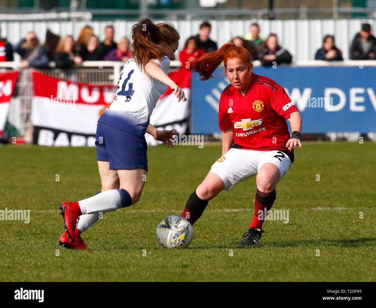 Cheshunt, UK. 31 March,2019 Martha Harris of Manchester United Women  (Red) during The FA Women's Championship match between Tottenham Hotspur Ladies  Stock Photo