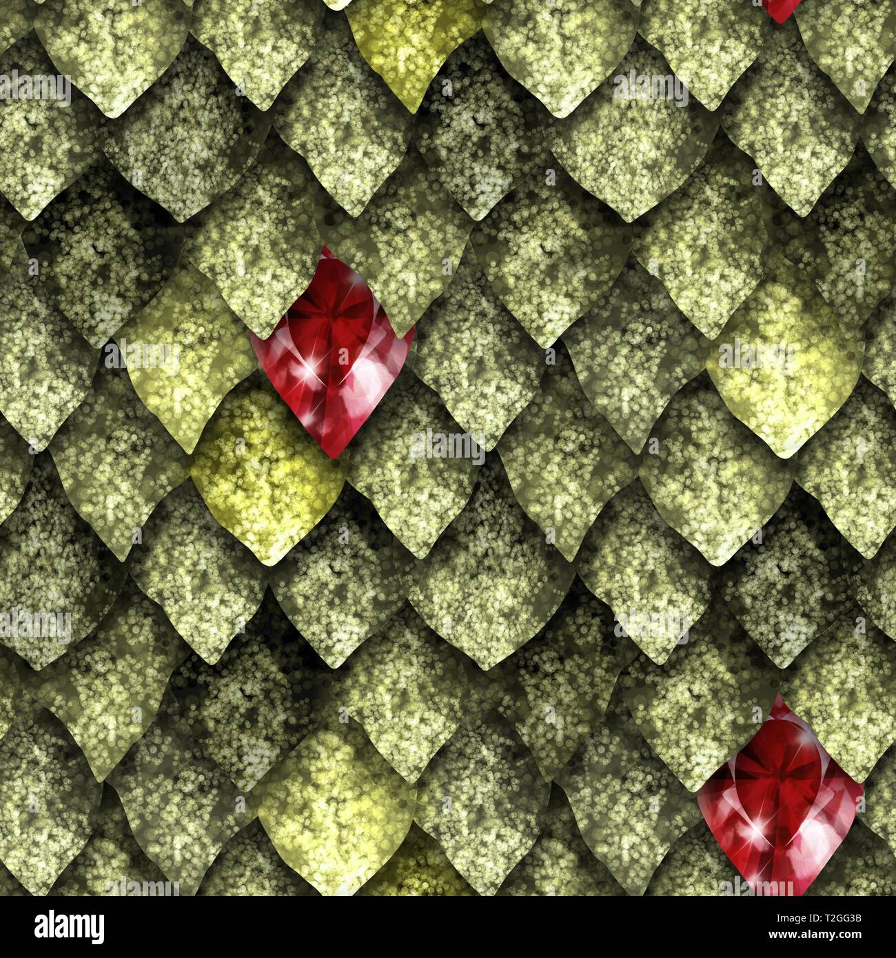 Seamless texture of dragon scales and gems, reptile skin background Stock Photo