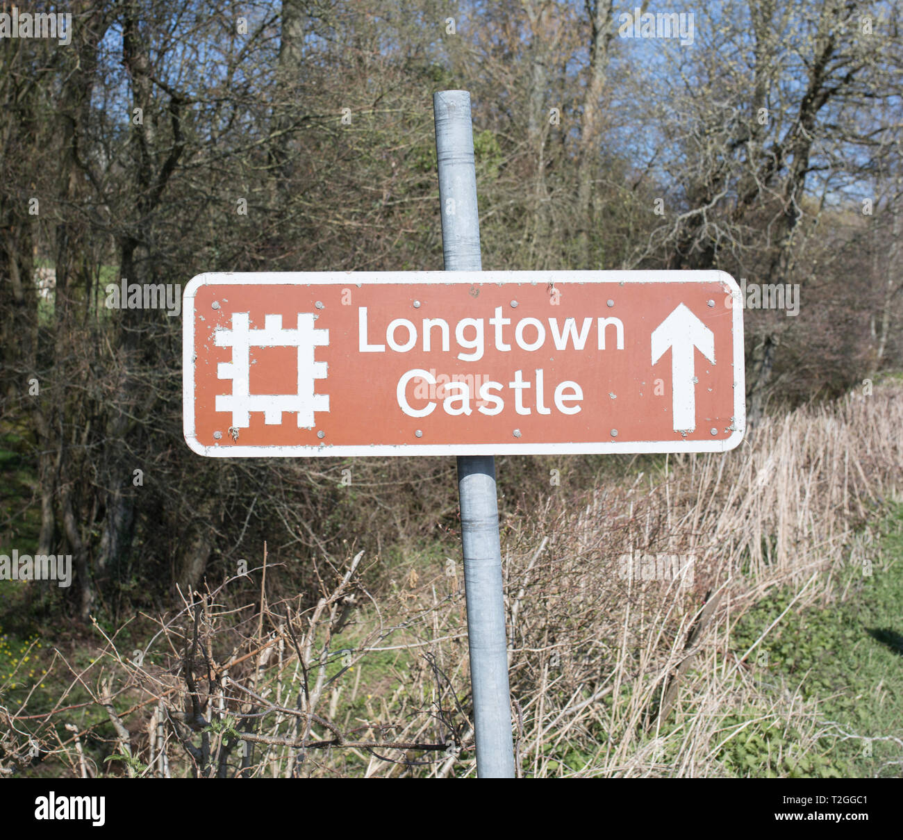 Longtown Castle Sign Post Stock Photo