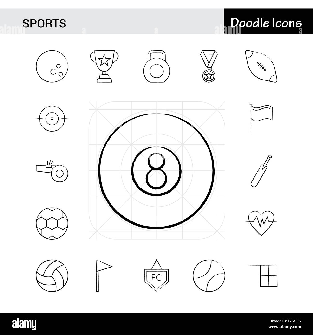 Set of 17 Sports hand-drawn icon set Stock Vector