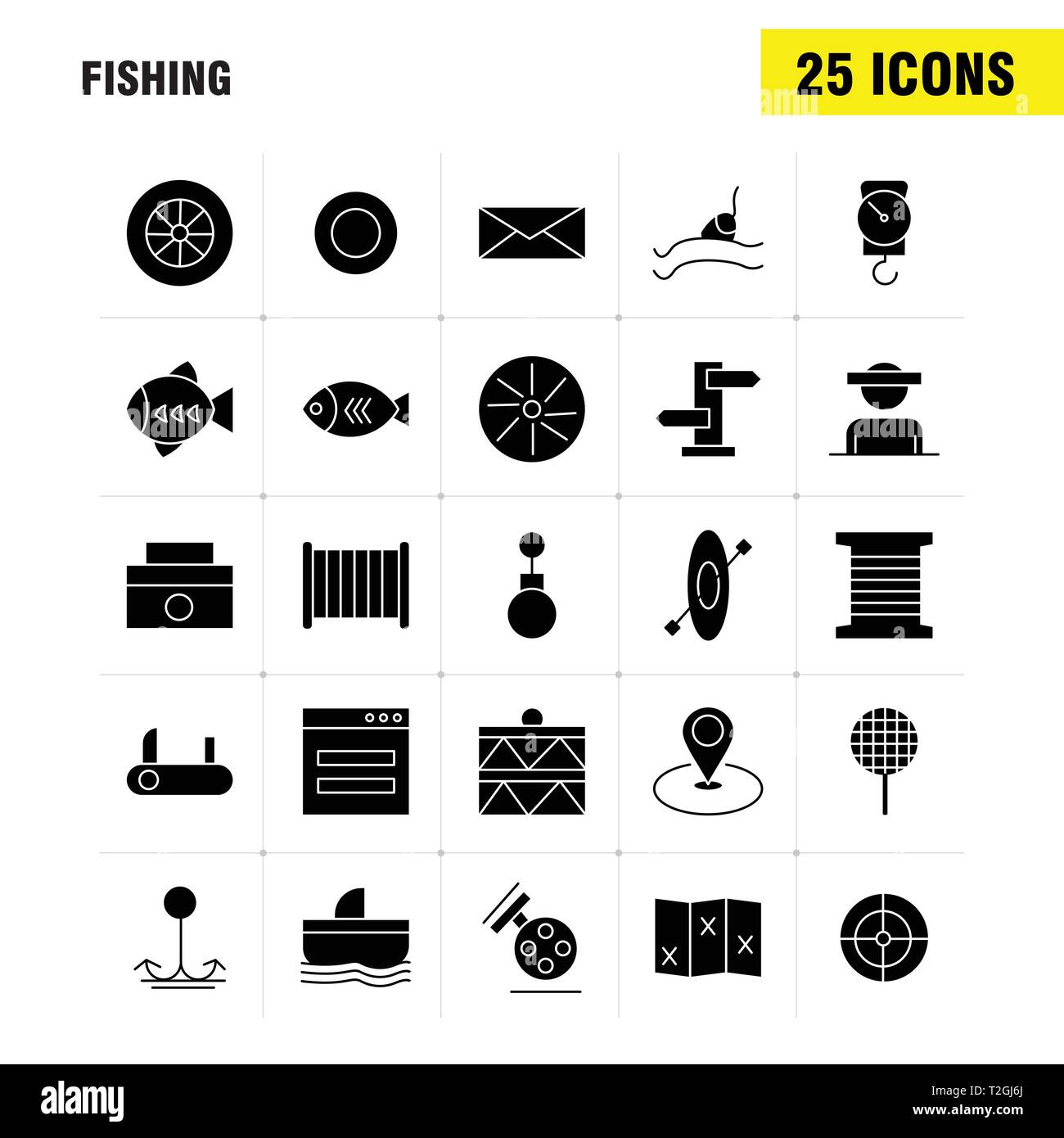Fishing Solid Glyph Icon Pack For Designers And Developers. Icons Of