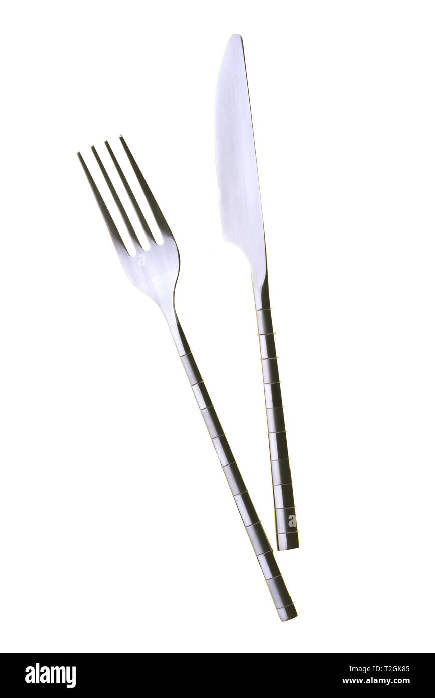 Stainless steel knife and fork isolated on white Stock Photo Alamy