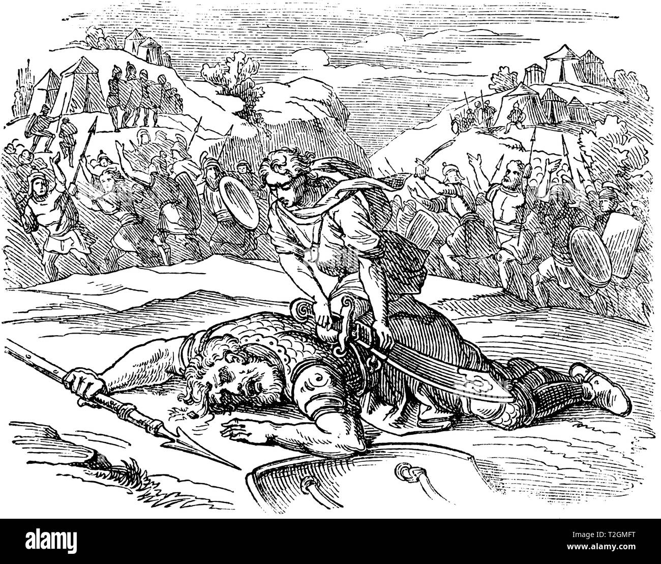 Vintage antique illustration and line drawing or engraving of biblical story about David who beaten Philistine warrior Goliath.From Biblische Geschich Stock Vector