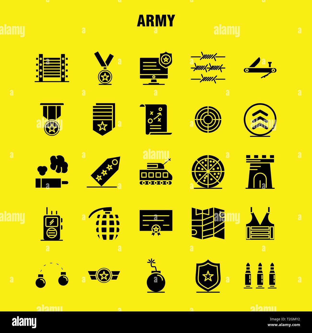 Army Solid Glyph Icons Set For Infographics, Mobile UX/UI Kit And Print Design. Include: Monitor, Badge, Enforcement, Law, Army, Barbed Wire, French,  Stock Vector