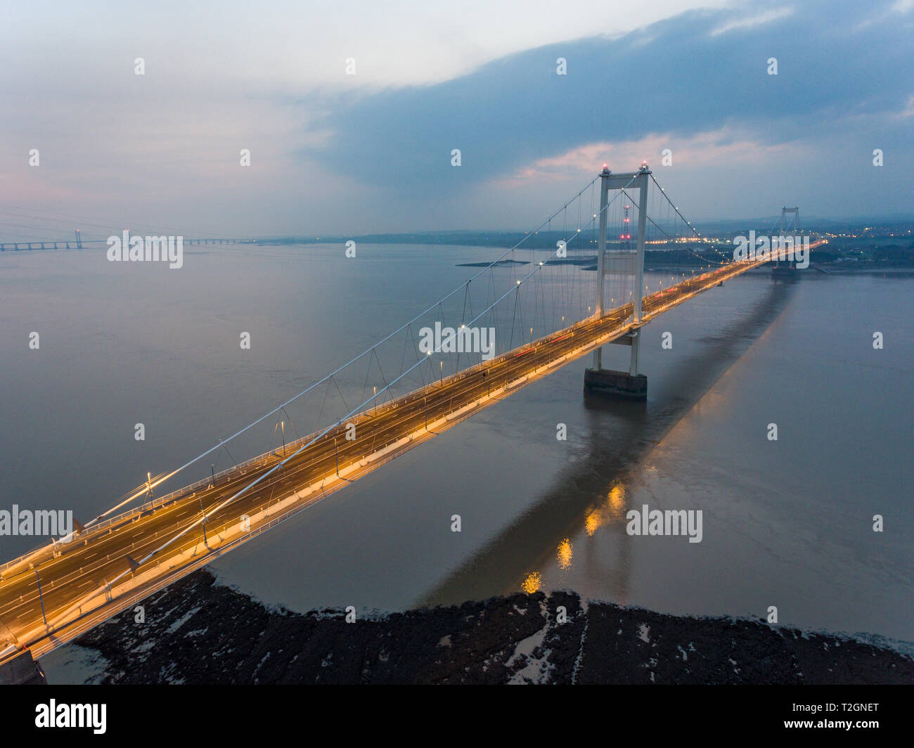 An aerial view of the Severn Bridge, First Severn Bridge, Linking Wales and England, UK Stock Photo