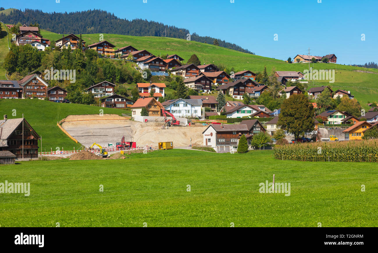 Gonten, Switzerland - September 20, 2018: countryside view in the Swiss canton of Appenzell Innerrhoden. The canton of Appenzell Innerrhoden is the sm Stock Photo