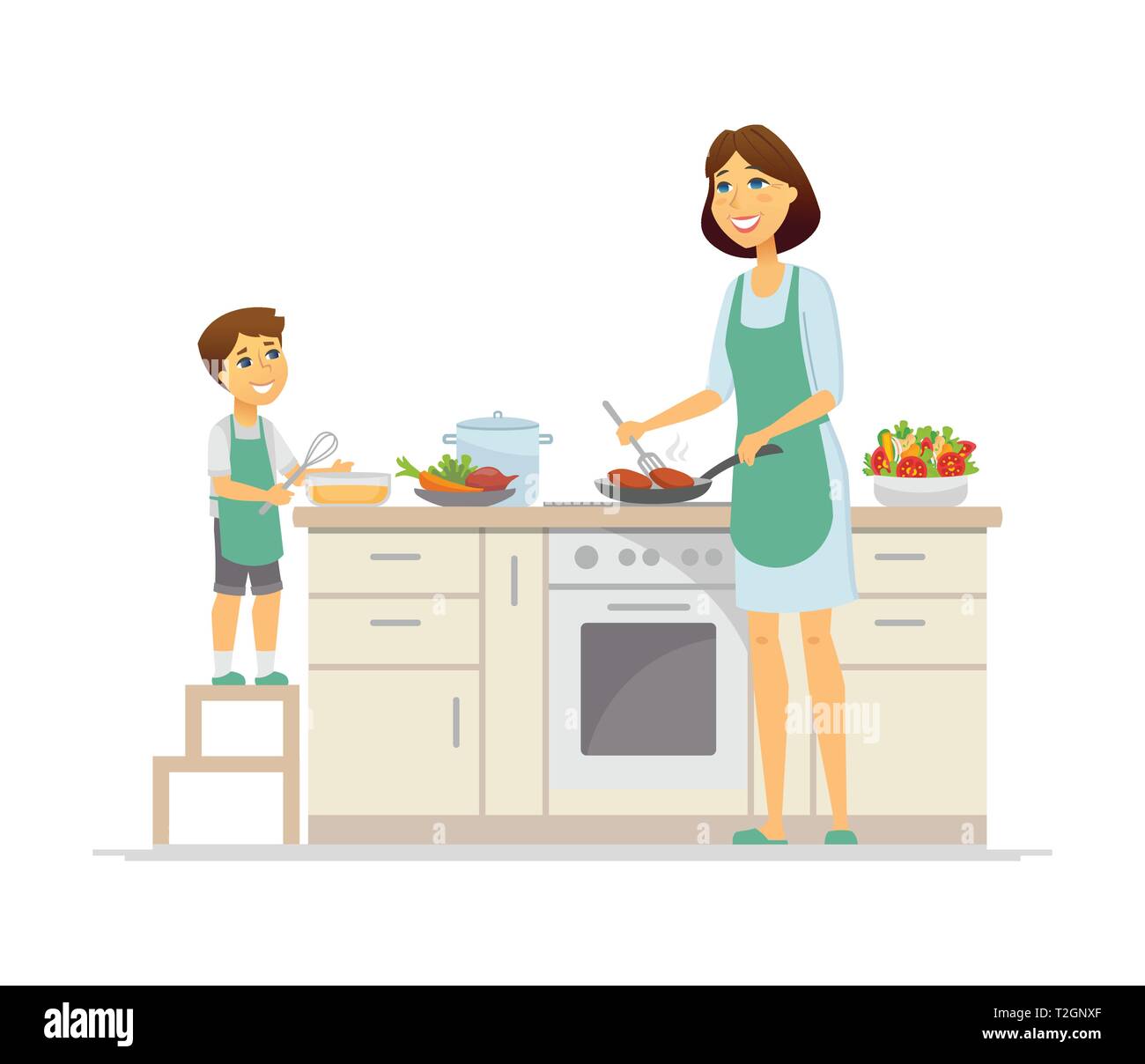 Mother and son cooking - cartoon people characters illustration on white  background. Young parent frying cutlets and kid with a whisk, making dinner  t Stock Vector Image & Art - Alamy