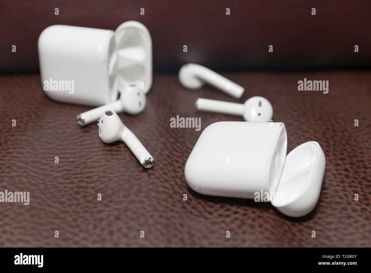 Lawrence Township New Jersey, March 11, 2019:Apple AirPods wireless  Bluetooth headphones and charging case for Apple iPhone. New Apple Earpods  Airpods Stock Photo - Alamy
