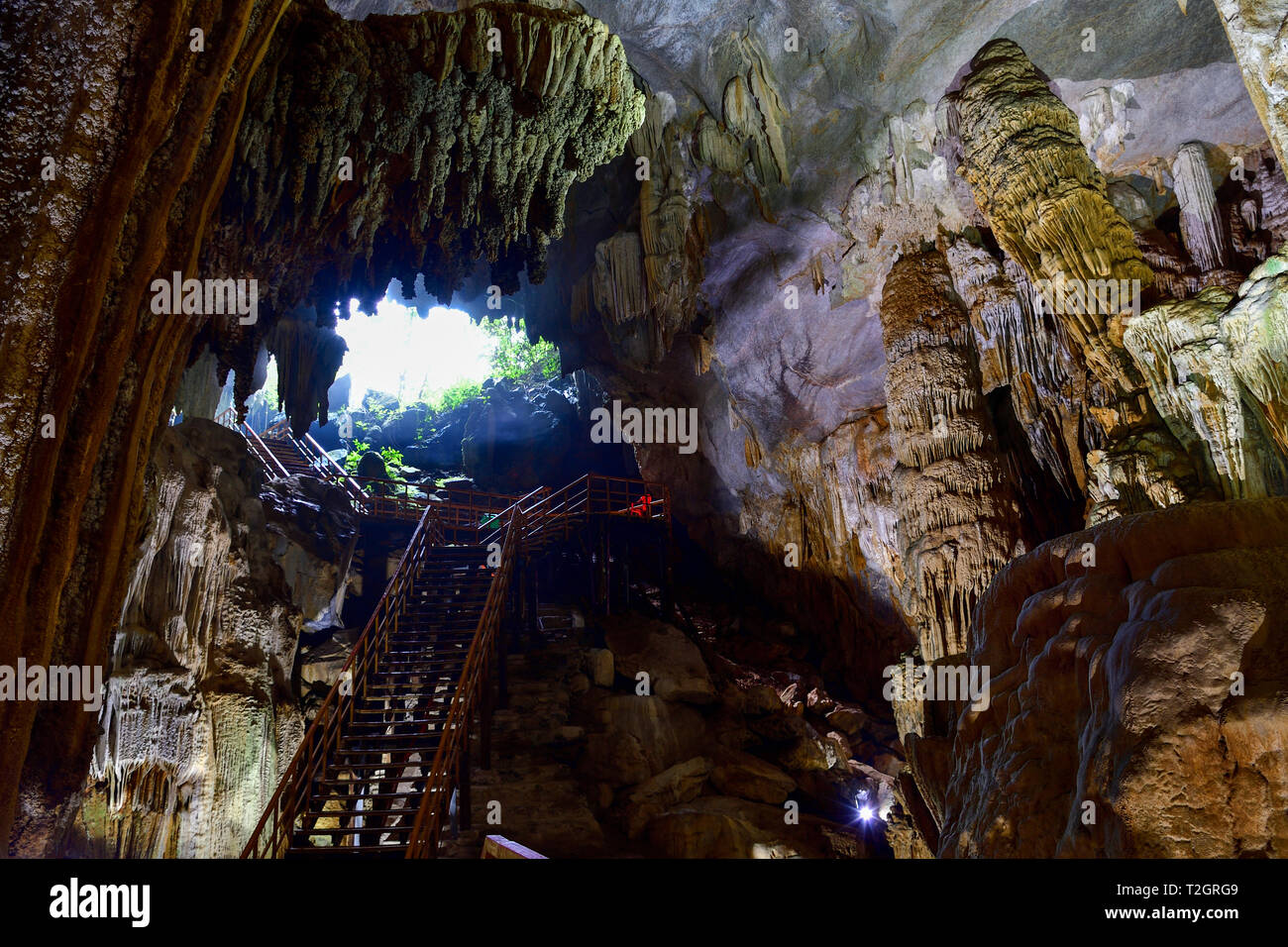 Amazing geological forms in Tien Son near Phong Nha, Vietnam. Limestone cave full of stalactites and stalagmites. Stock Photo