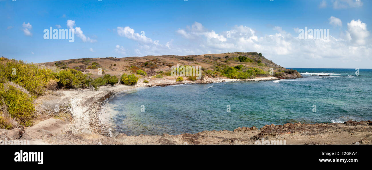 Panorama of a shingle bay with rocky promontory Pointe Sud ,Sainte Anne ,Martinique . Stock Photo