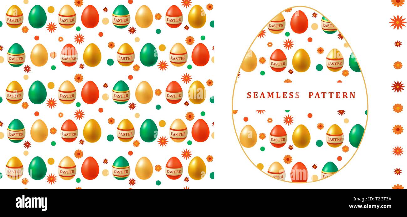 Seamless pattern with bright painted easter eggs. Happy Easter. Endless brush with small flowers. EPS 10. Stock Vector