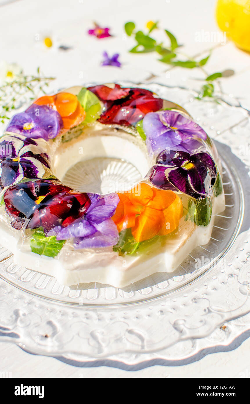 Spring Jelly Cake With Flowers On The Bright Background Stock Photo Alamy Spring Jelly Cake With Flowers On The Bright Background Stock Photo Alamy