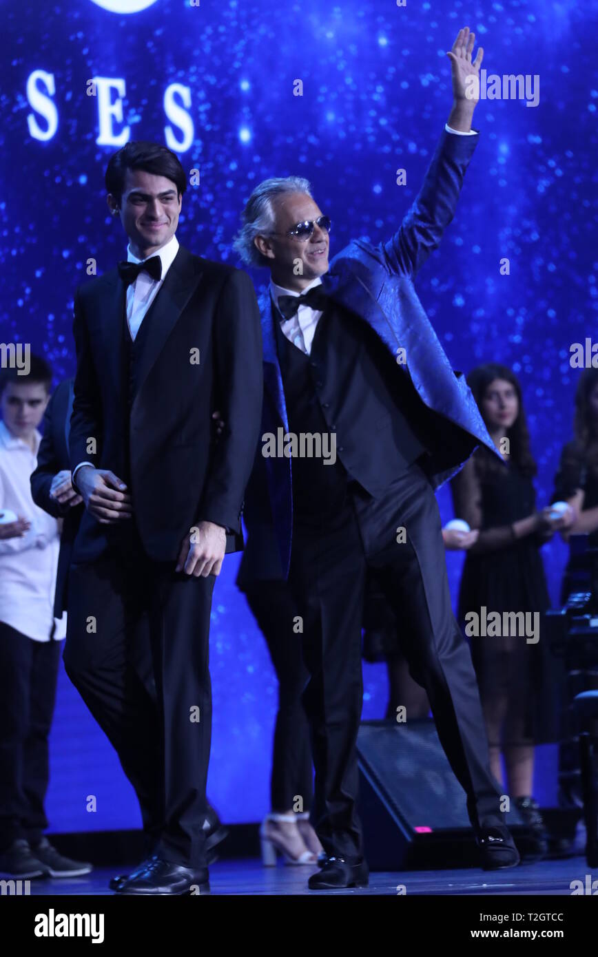 Singer Andrea Bocelli (R) stands next to his son Amos Bocelli during the  television show 'Welcome to, Stock Photo, Picture And Rights Managed  Image. Pic. PAH-38783561