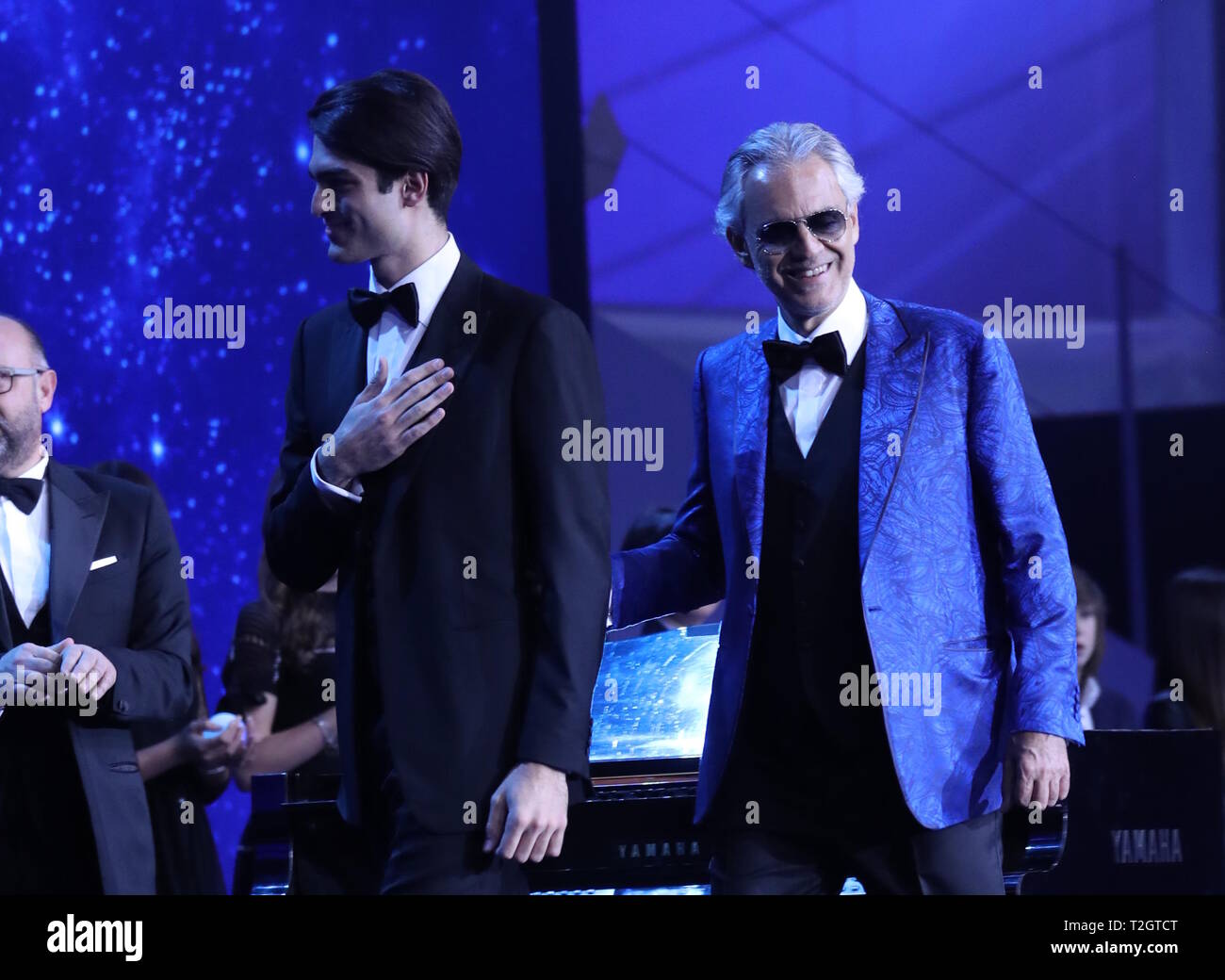Singer Andrea Bocelli (R) stands next to his son Amos Bocelli during the  television show 'Welcome to, Stock Photo, Picture And Rights Managed  Image. Pic. PAH-38783561