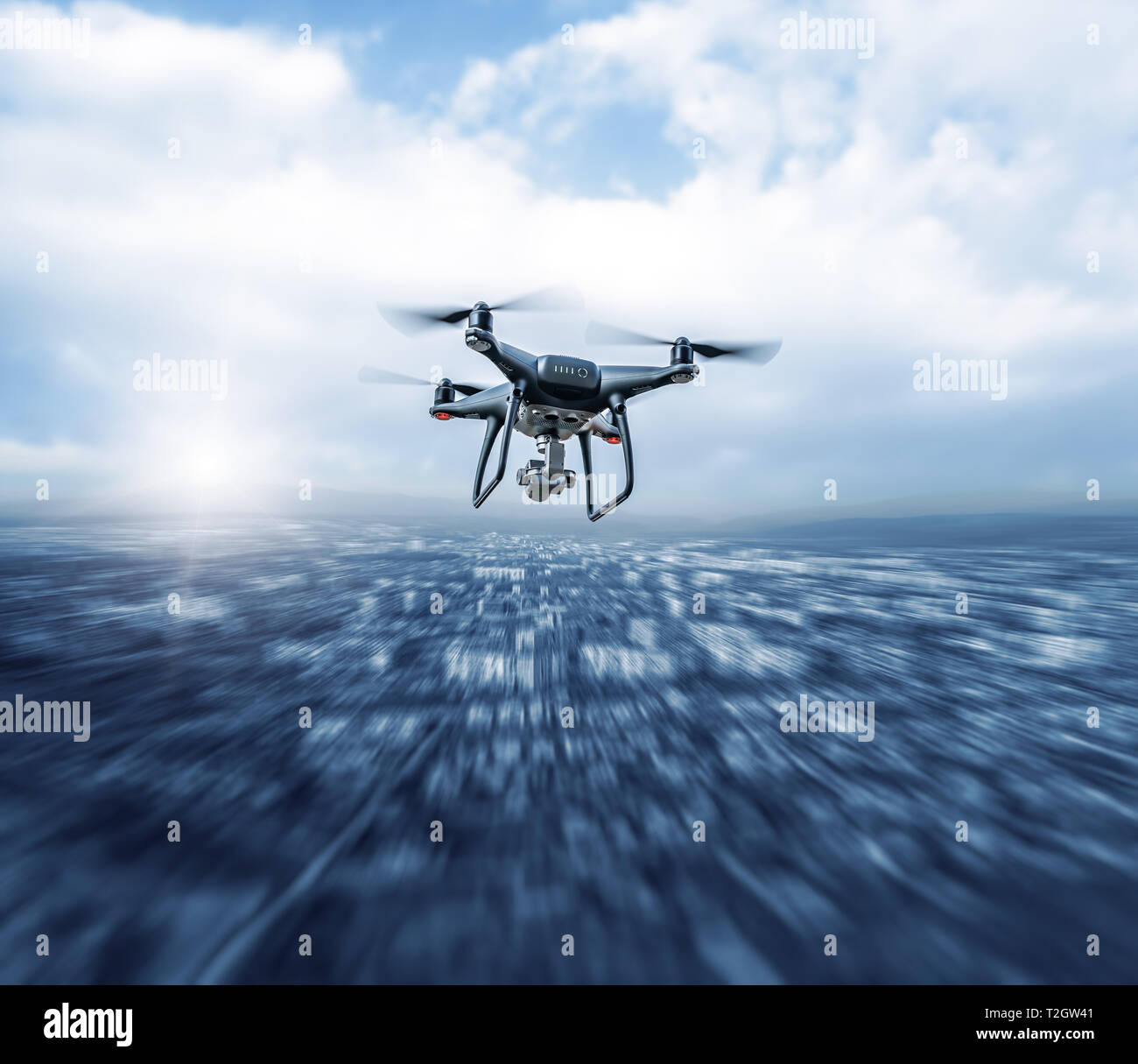 Drone flying over city silhouette hi-res stock photography and images ...