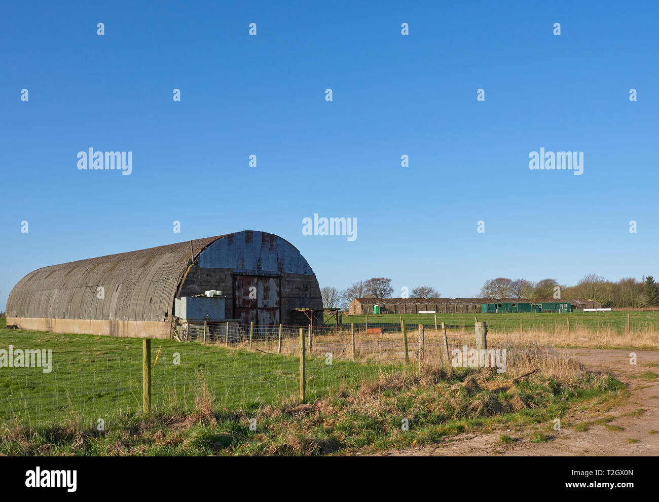 Derelict Buildings at Stracathro airfield, an old Wartime Aerodrome in the Angus Countryside near to Brechin in Angus, Scotland. March 2019. Stock Photo