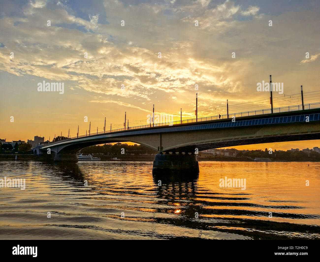 Idyllic view of Bridge over Rhine river against sunset in the city of Bonn, Germnay. Backlighting of bridge against dawn. Stock Photo