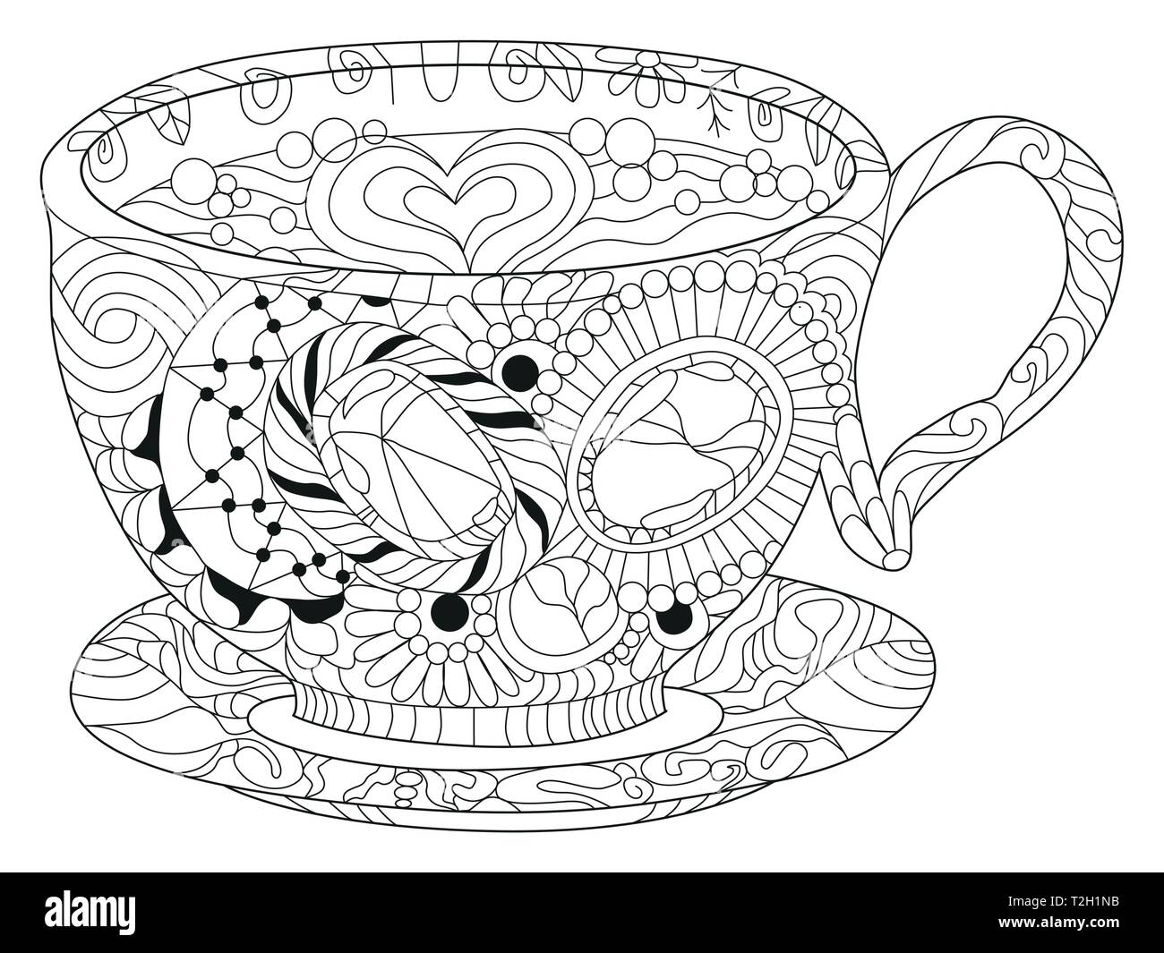 Vector coffee or tea cup with abstract ornaments. Hand drawn illustration for coloring book for adult in zentangle, doodle style. Coloring pages. Stock Vector