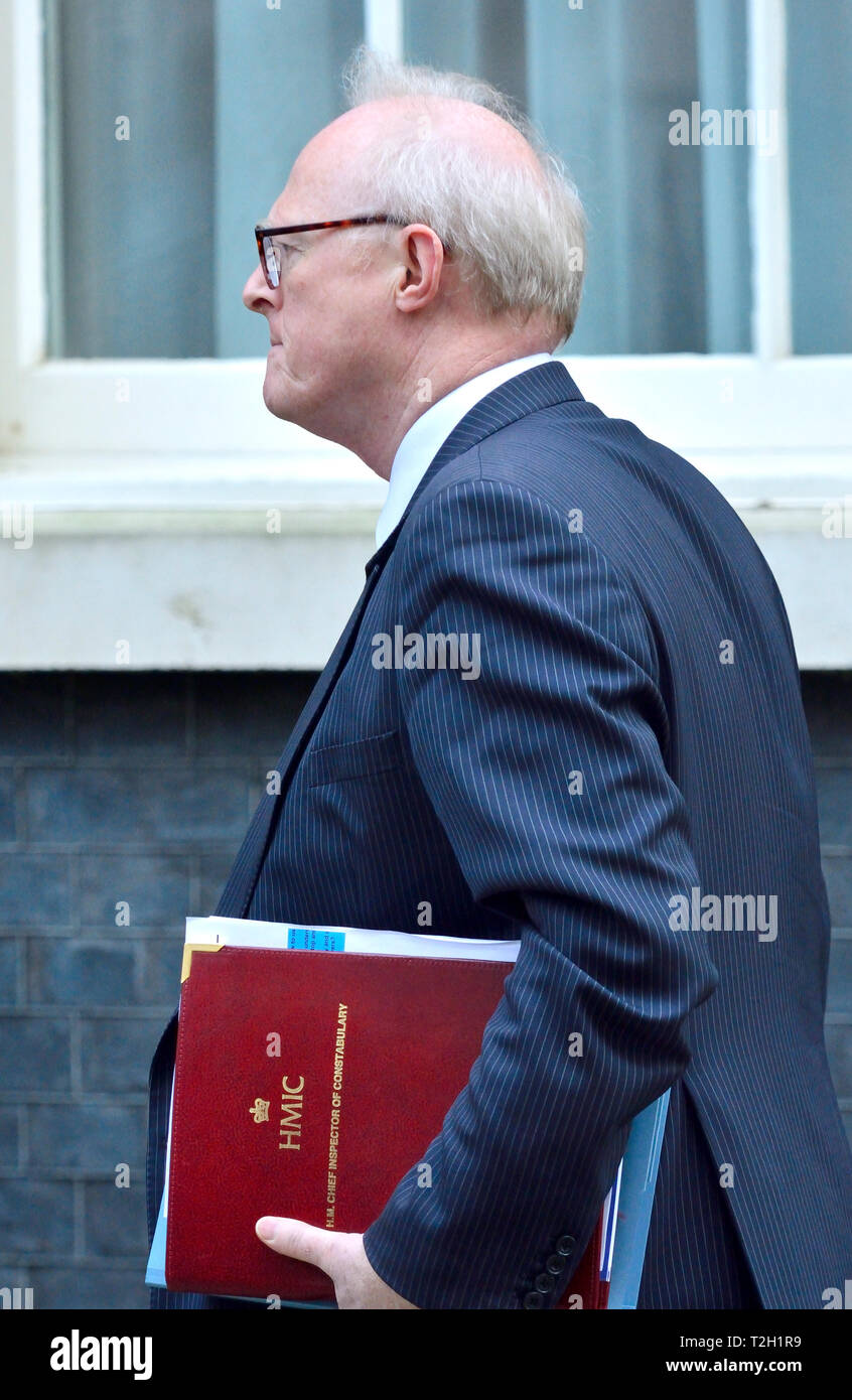 HM chief inspector of constabulary, Sir Tom Winsor, arriving at 10 Downing Street for a Knife Crime Summit, 1st April 2019 Stock Photo
