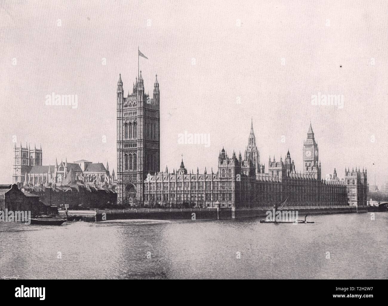 The House of Parliament - From the River: Westminster Abbey on the Left Stock Photo