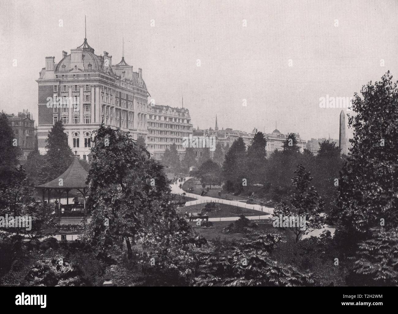 Embankment Gardens - With the Great Hotels, Somerset house, and Cleopatra's Needle Stock Photo