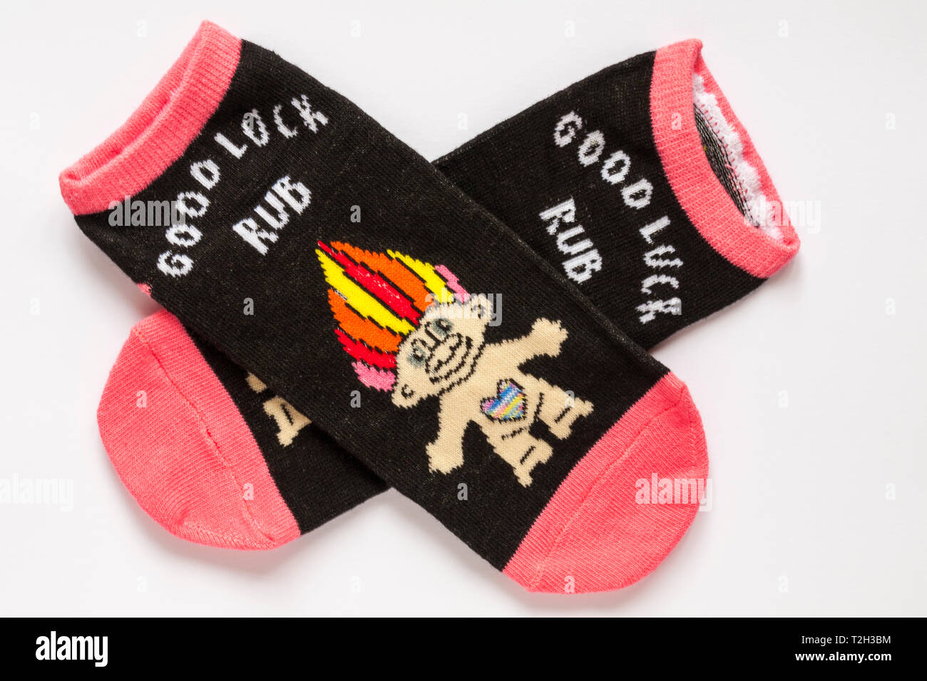 Pair of Good Luck Trolls ankle socks - Good Luck Rub isolated on white background Stock Photo