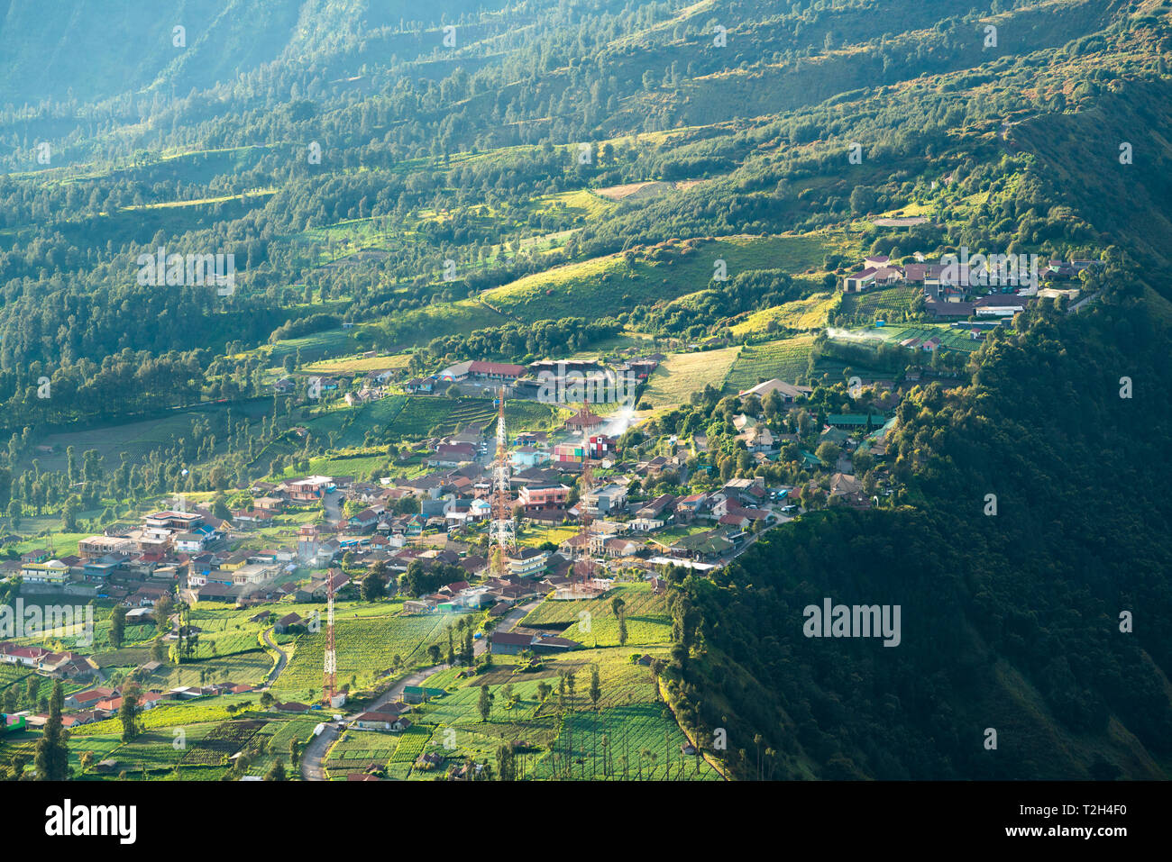 Village near Bromo mountain locate near cliff Stock Photo