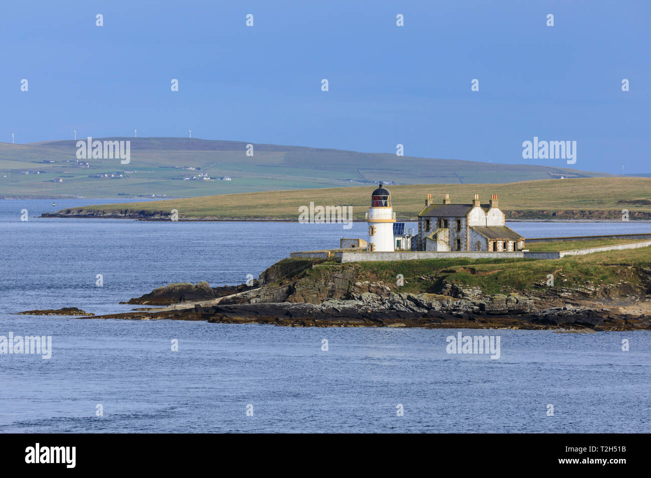 Lighthouse on Helliar Holm in Orkney Islands, Scotland, Europe Stock Photo