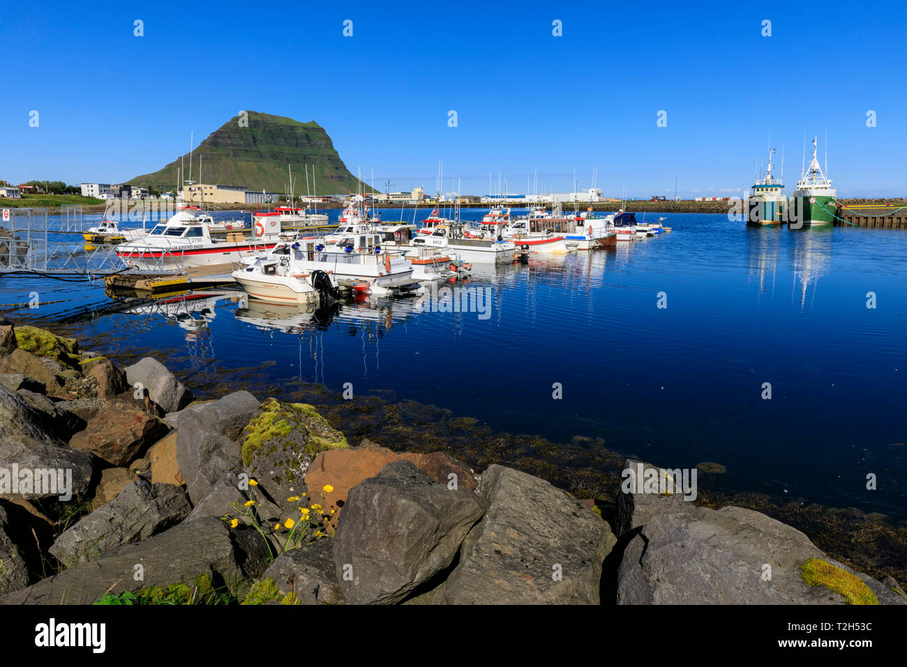 Harbor by Kirkjufell mountain in Grundarfjordur, Iceland, Europe Stock Photo