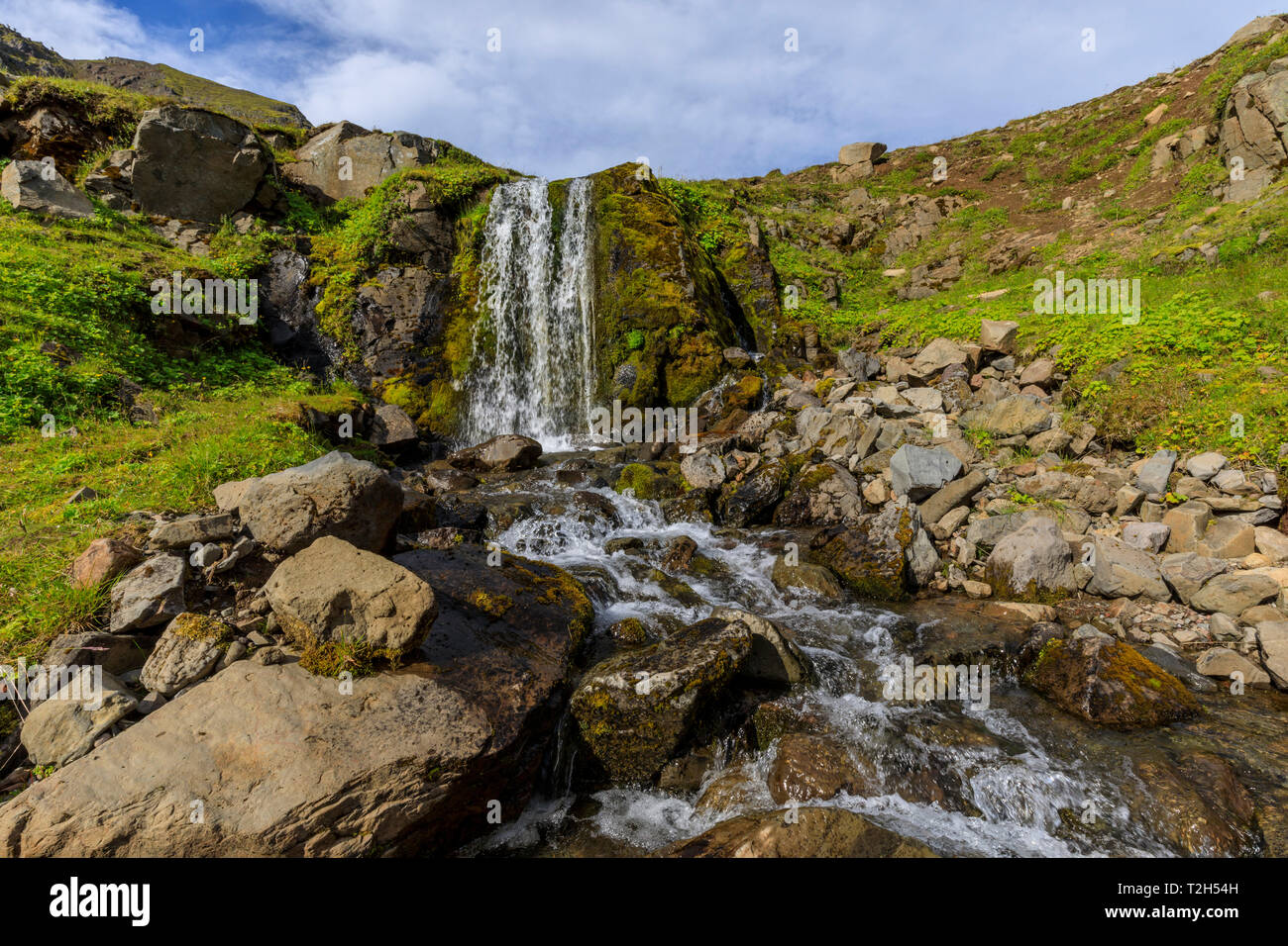 Waterfall in Hvanneyrarskal, Iceland, Europe Stock Photo