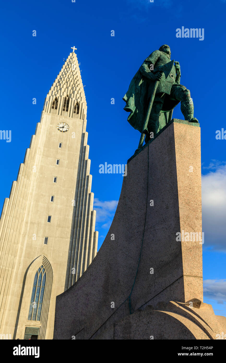 Statue of Leifur Eiriksson outside Hallgrimskirkja church in Reykjavic, Iceland, Europe Stock Photo